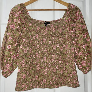 Jessica Simpson Floral Green Pink Peasant Sleeve Smocked Top Blouse Size XL